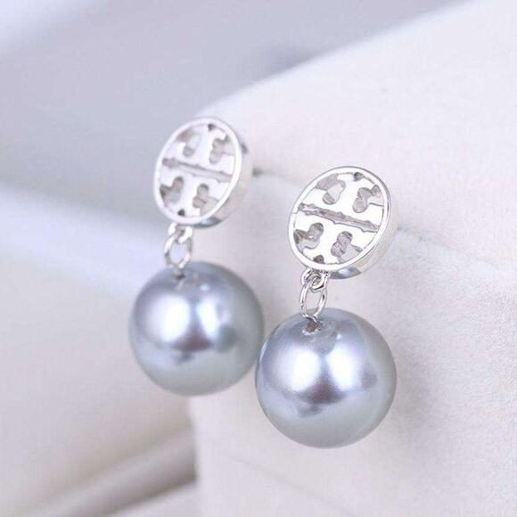 NWOT Tory Burch Silver Logo, Gray Pearl Dangle Stud Earrings - Picture 1 of 6